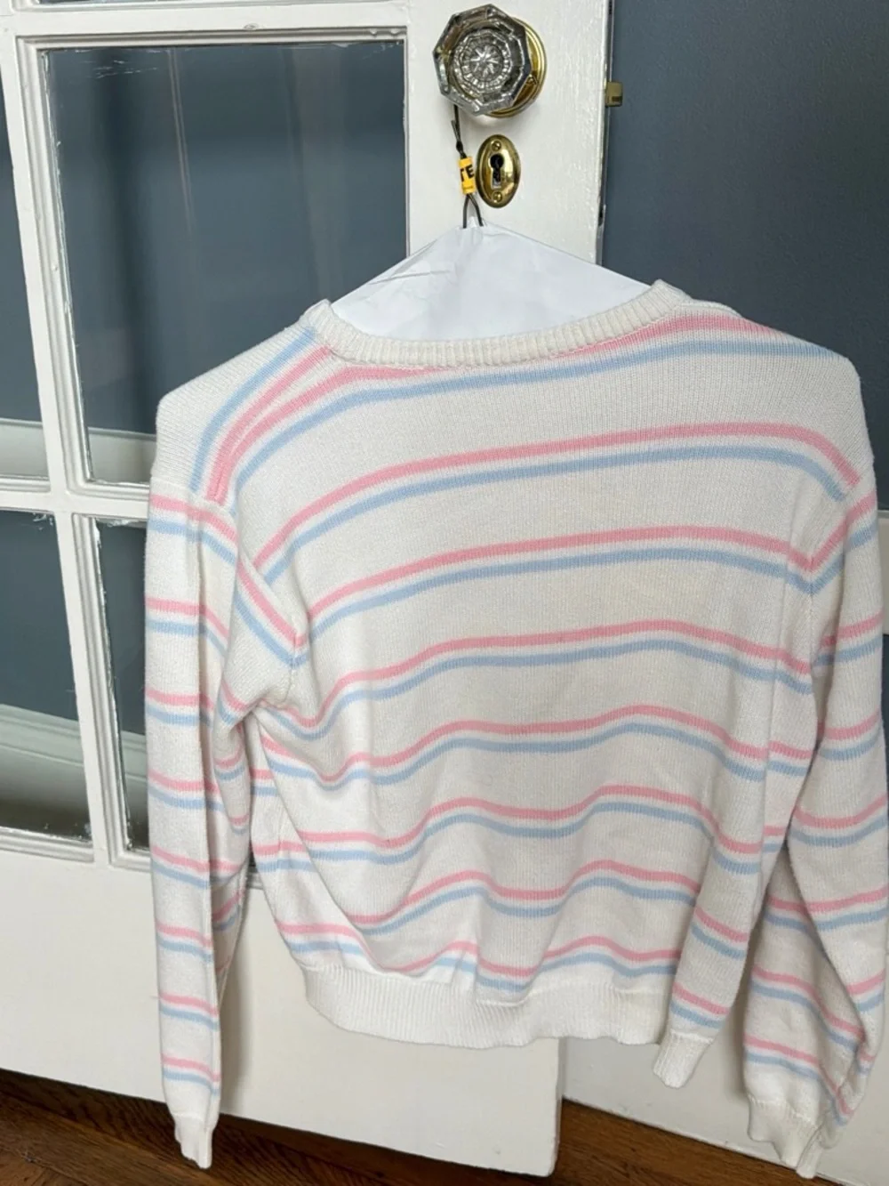 Brandy Melville White Crewneck Sweater with Pink & Light Blue Stripes - Picture 2 of 3